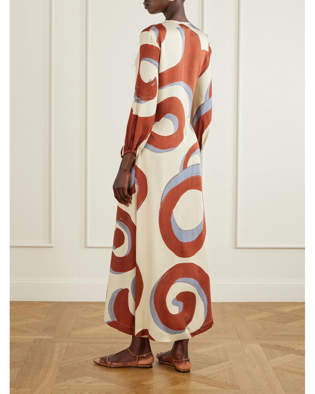 Themis Z White Kyra Feather-Trimmed Printed Crepe Maxi Dress