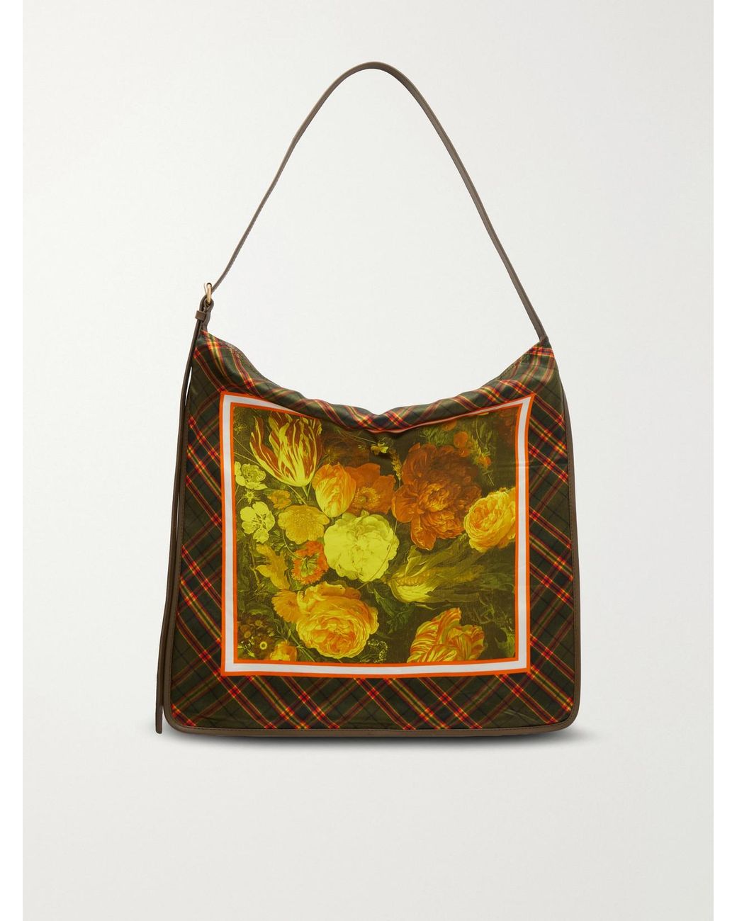 Dries Van Noten Brown Printed Large Leather-Trimmed Satin Shoulder Bag