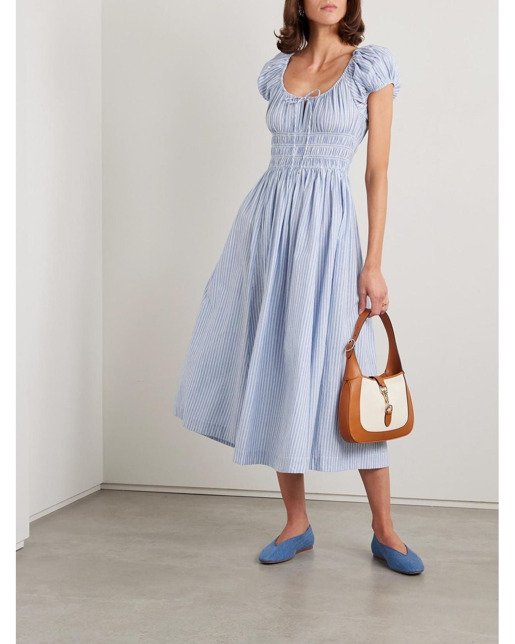 Doen Quinn Tie-Detailed Shirred Striped Organic Cotton-Poplin Midi Dress in  Blue | Lyst