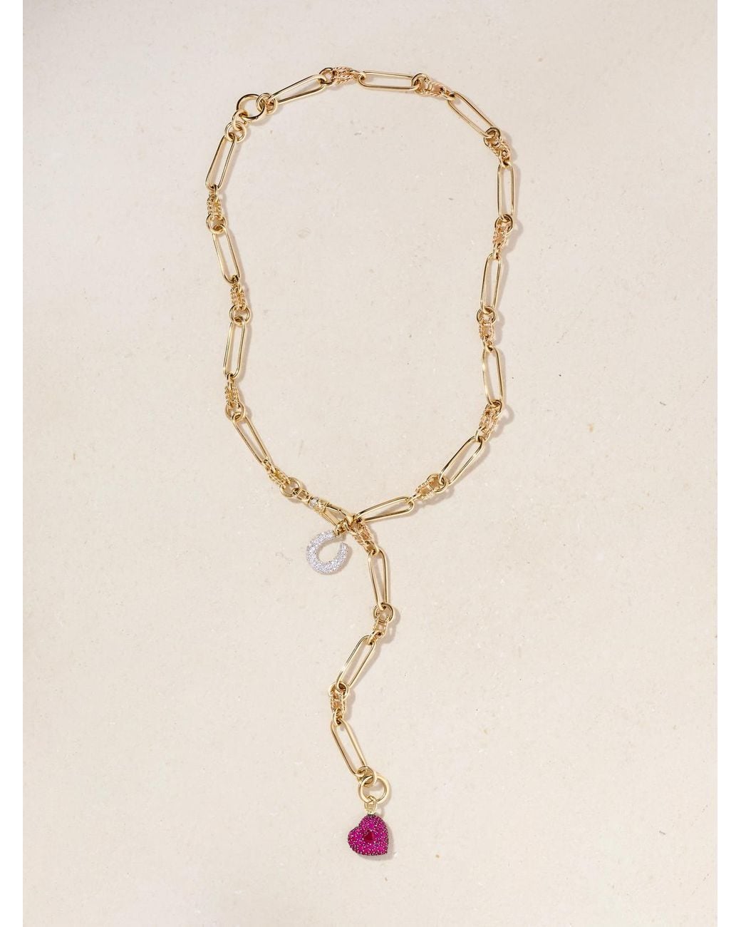 Lucy Delius Natural Twisted Chain, Horseshoe And Heart Convertible 14-Karat, Rhodium-Plated, Ruby And Diamond Necklace