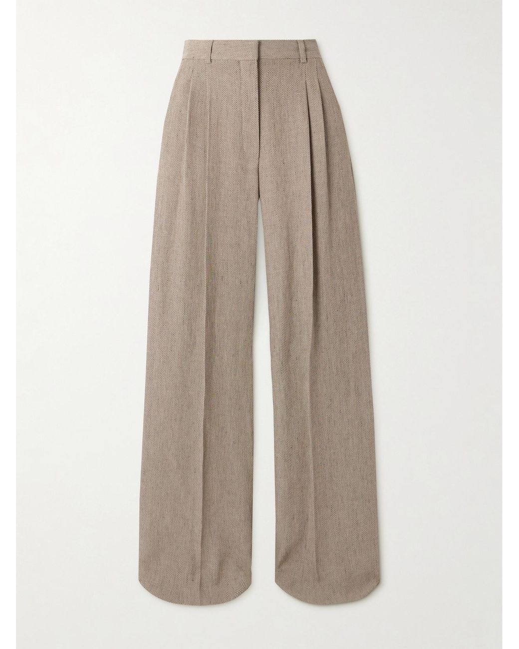 Loro Piana White Nyack Pleated Herringbone Linen Wide-Leg Pants