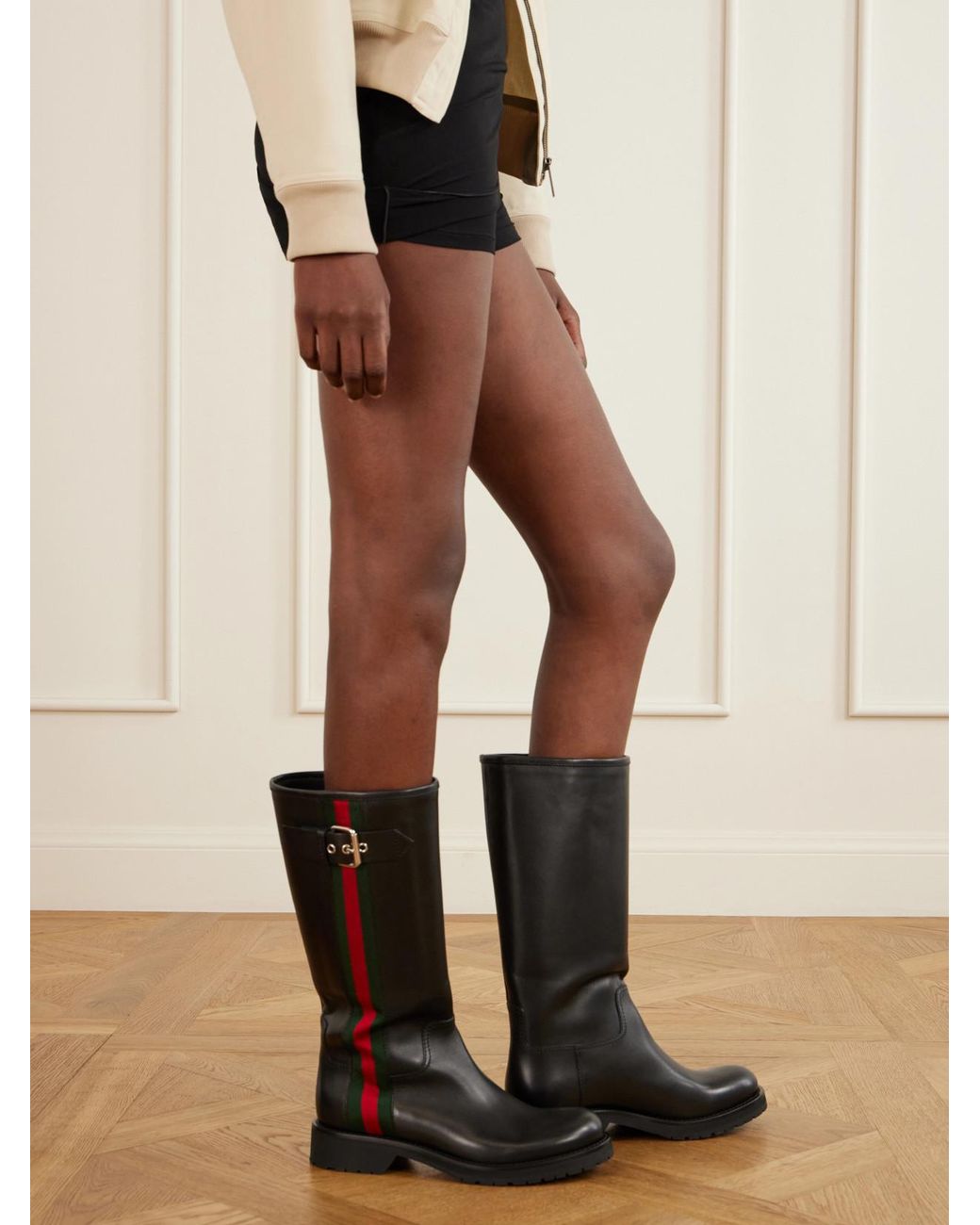 Gucci Black Web-Detailed Leather Knee Boots