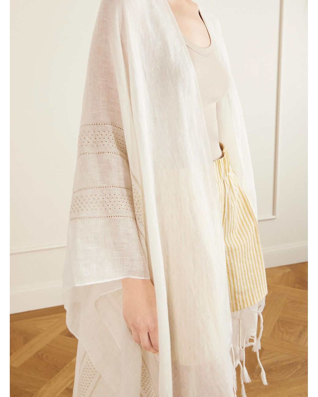 Brunello Cucinelli White Fringed Broderie Anglaise-Trimmed Linen Poncho
