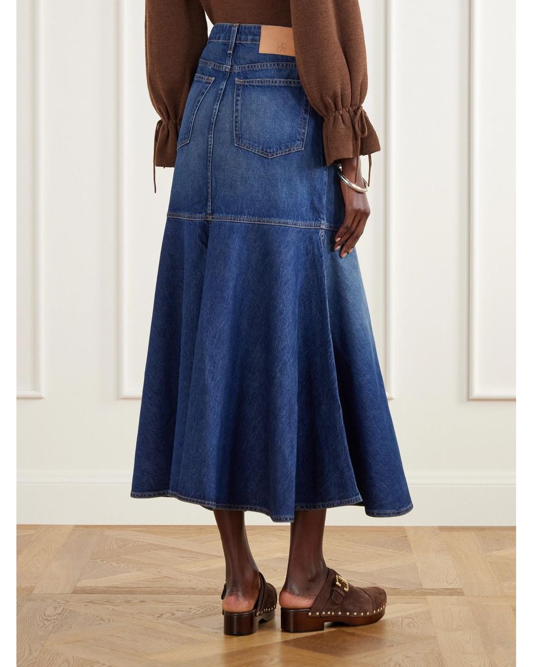 Ulla Johnson Blue The Madelyn Embellished Paneled Denim Maxi Skirt
