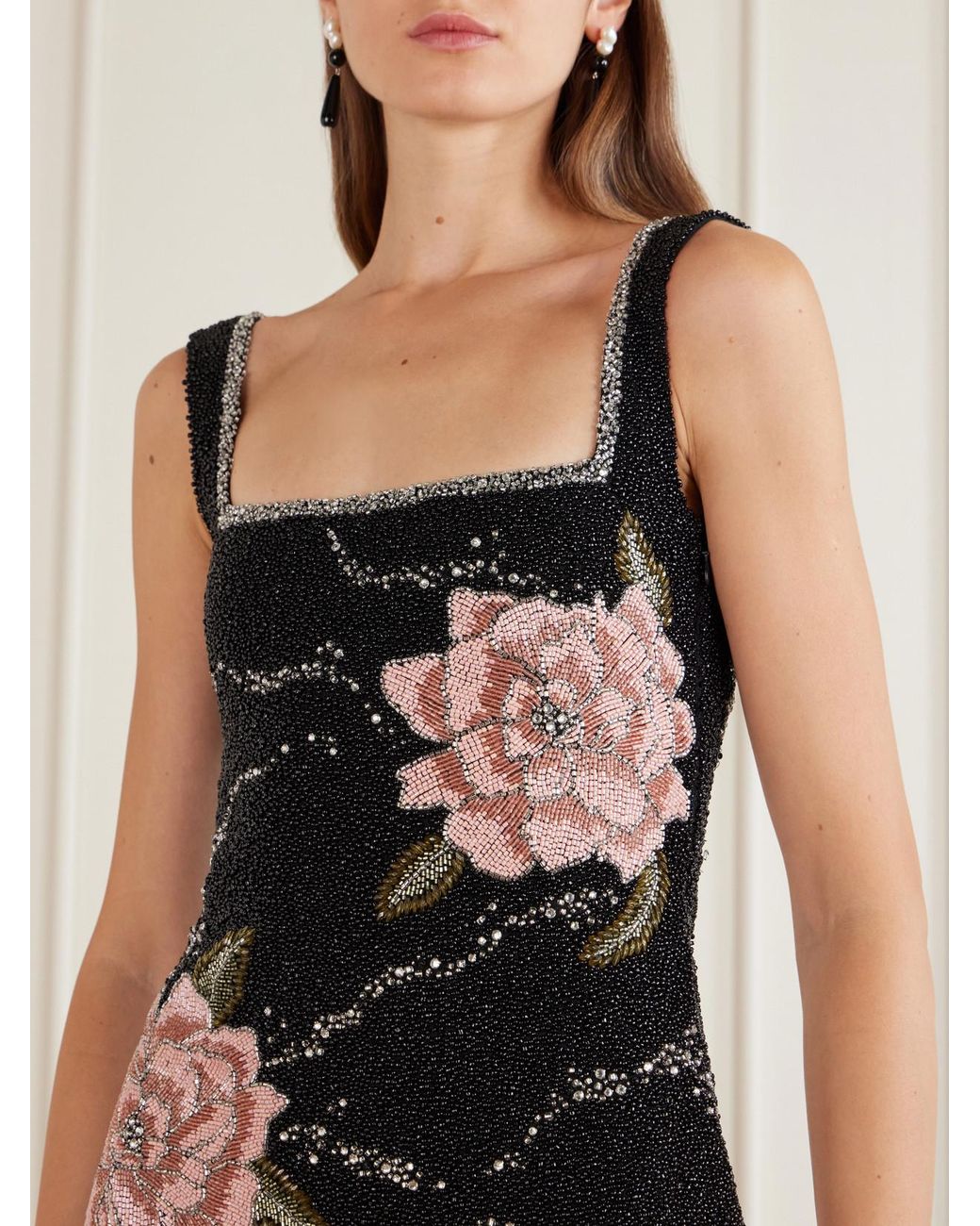 Clio Peppiatt Black Peony Embellished Stretch-Mesh Mini Dress