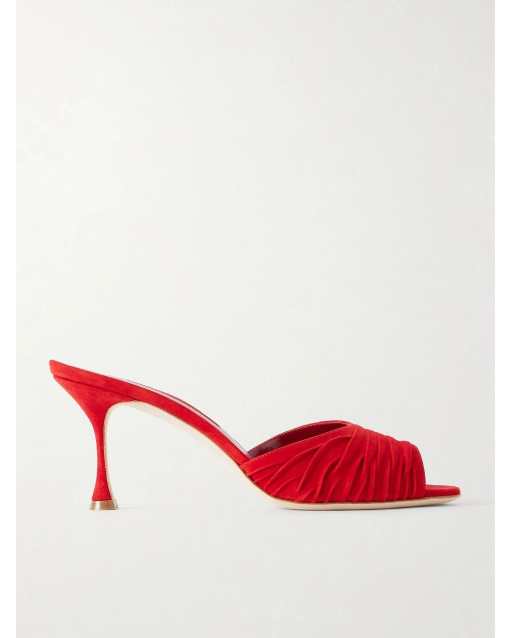 Manolo Blahnik Red Pirua 70 Ruched Suede Mules