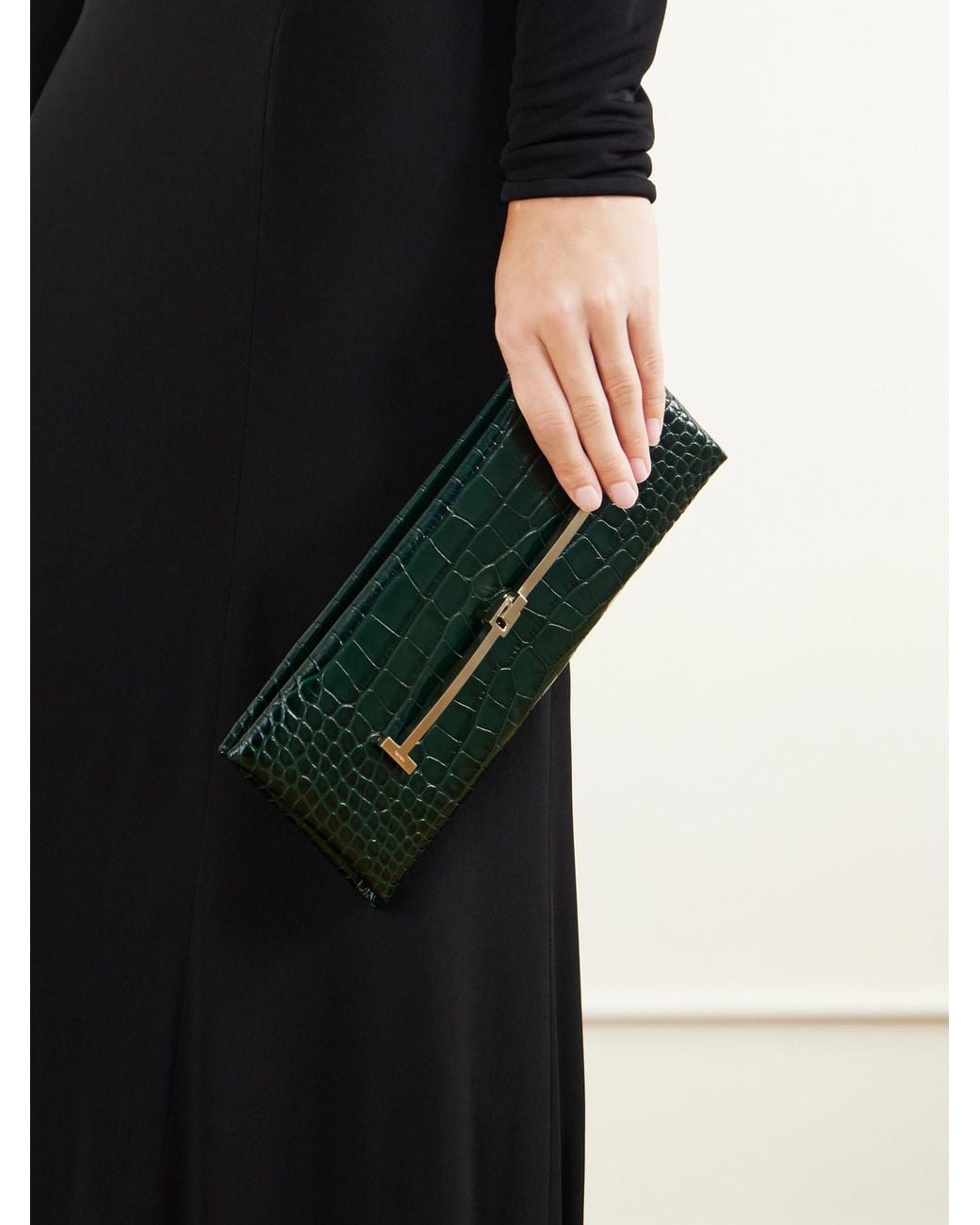Tom Ford Green Tumbled Croc-Effect Leather Clutch