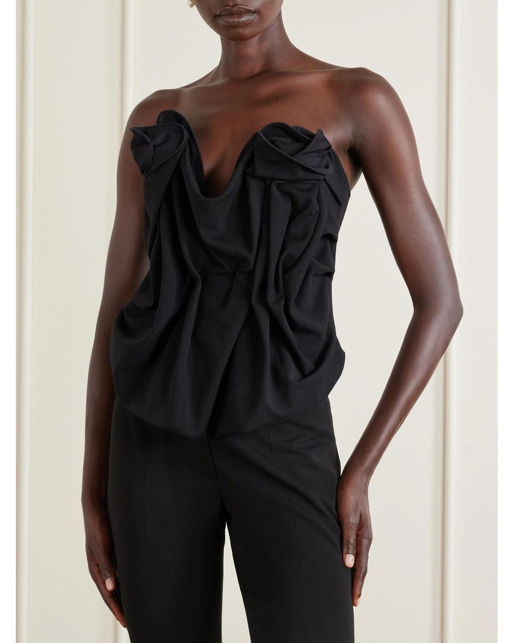 Magda Butrym Black Appliquéd Cropped Wool-Blend Bustier Top
