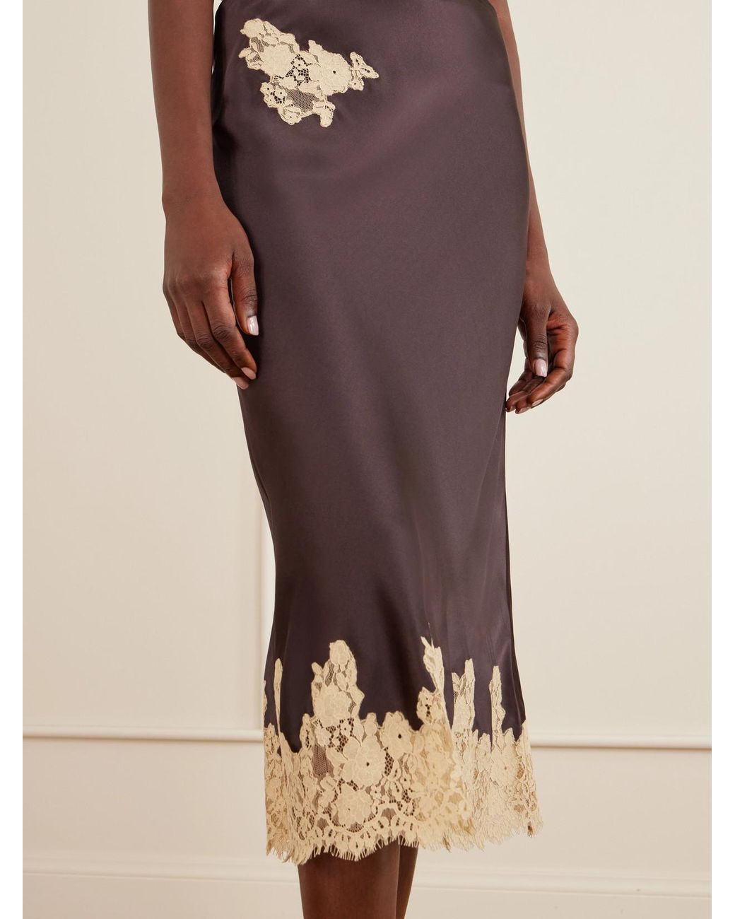 Doen Purple Lace-Trimmed Silk-Satin Midi Skirt