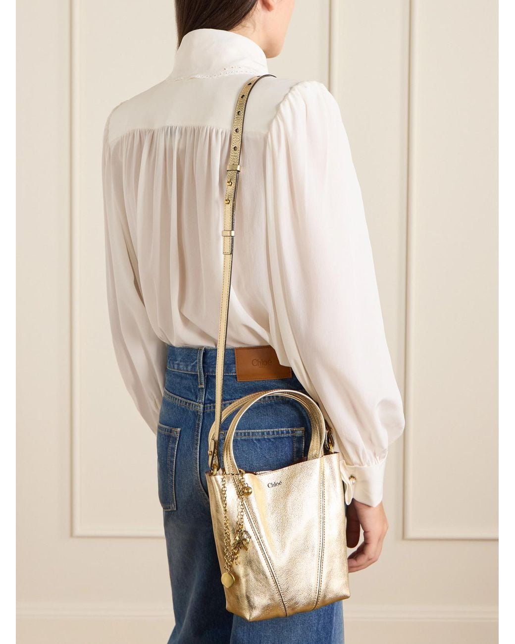 Chloé Natural Spin Small Embellished Paneled Textured-Leather Tote