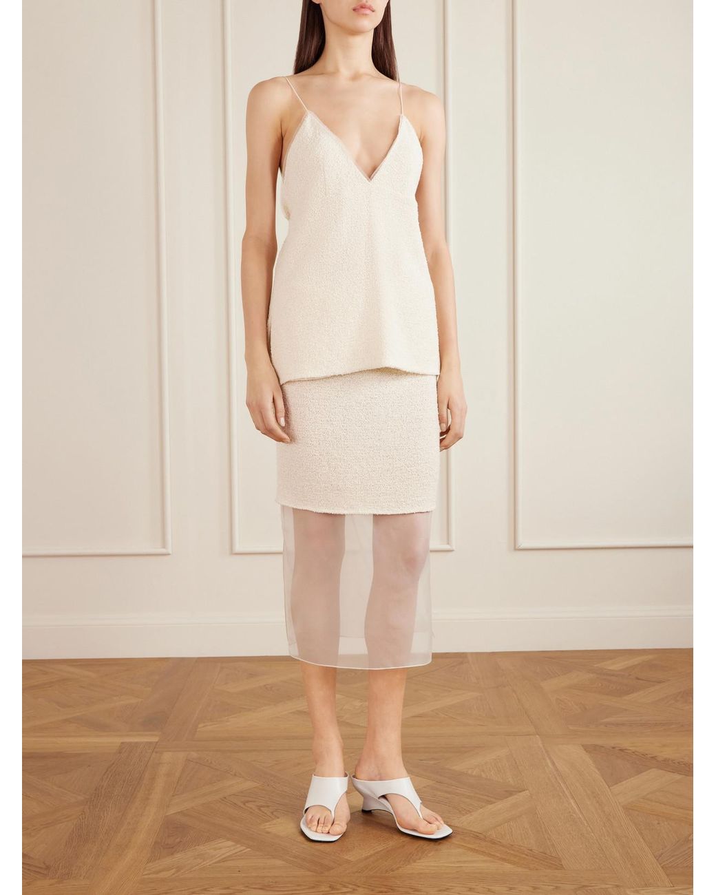 Khaite Natural Timy Frayed Organza-Trimmed Cotton-Blend Bouclé Camisole