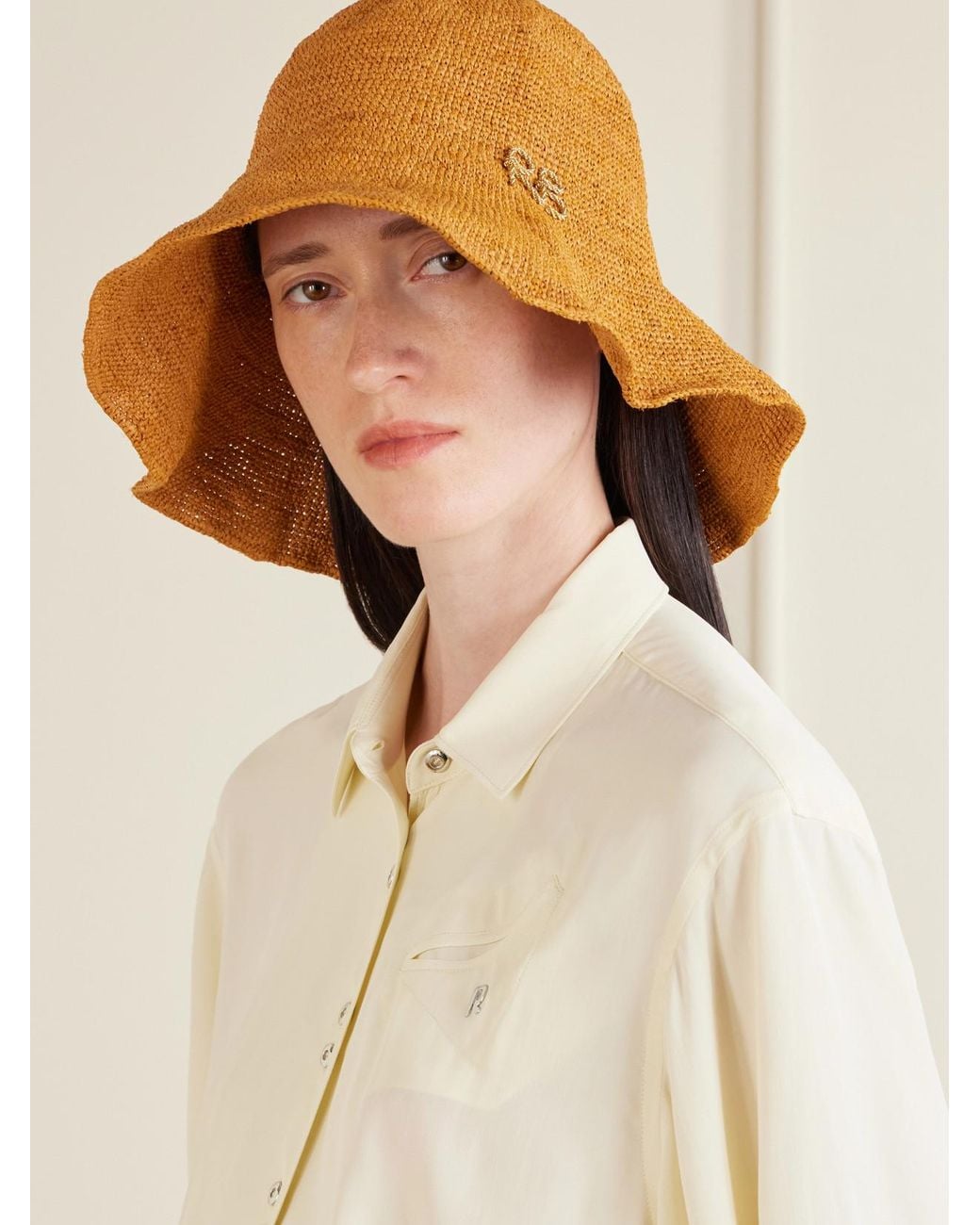 Ruslan Baginskiy Brown Monogram-Embellished Straw Bucket Hat