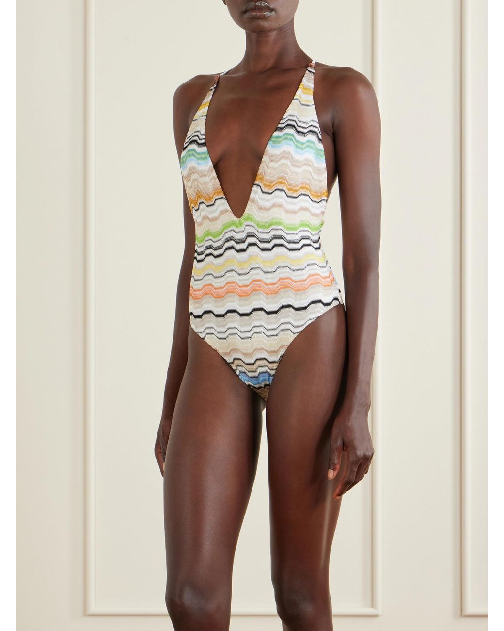 Missoni Natural Mare Striped Crochet-Knit Swimsuit