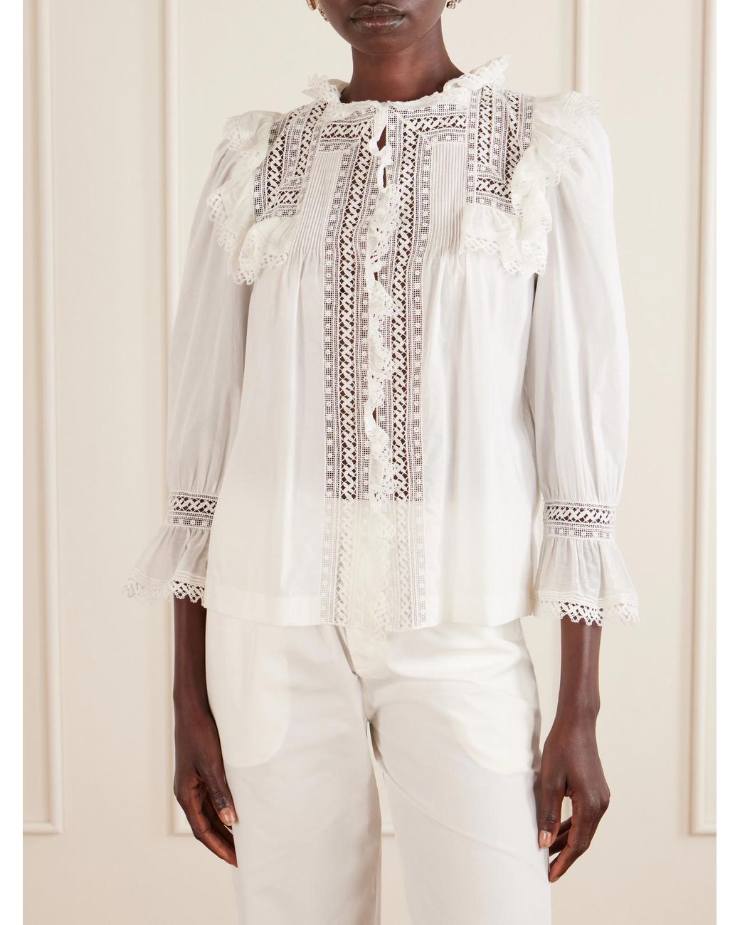 Saint Laurent White Crochet-Trimmed Cotton-Voile Blouse