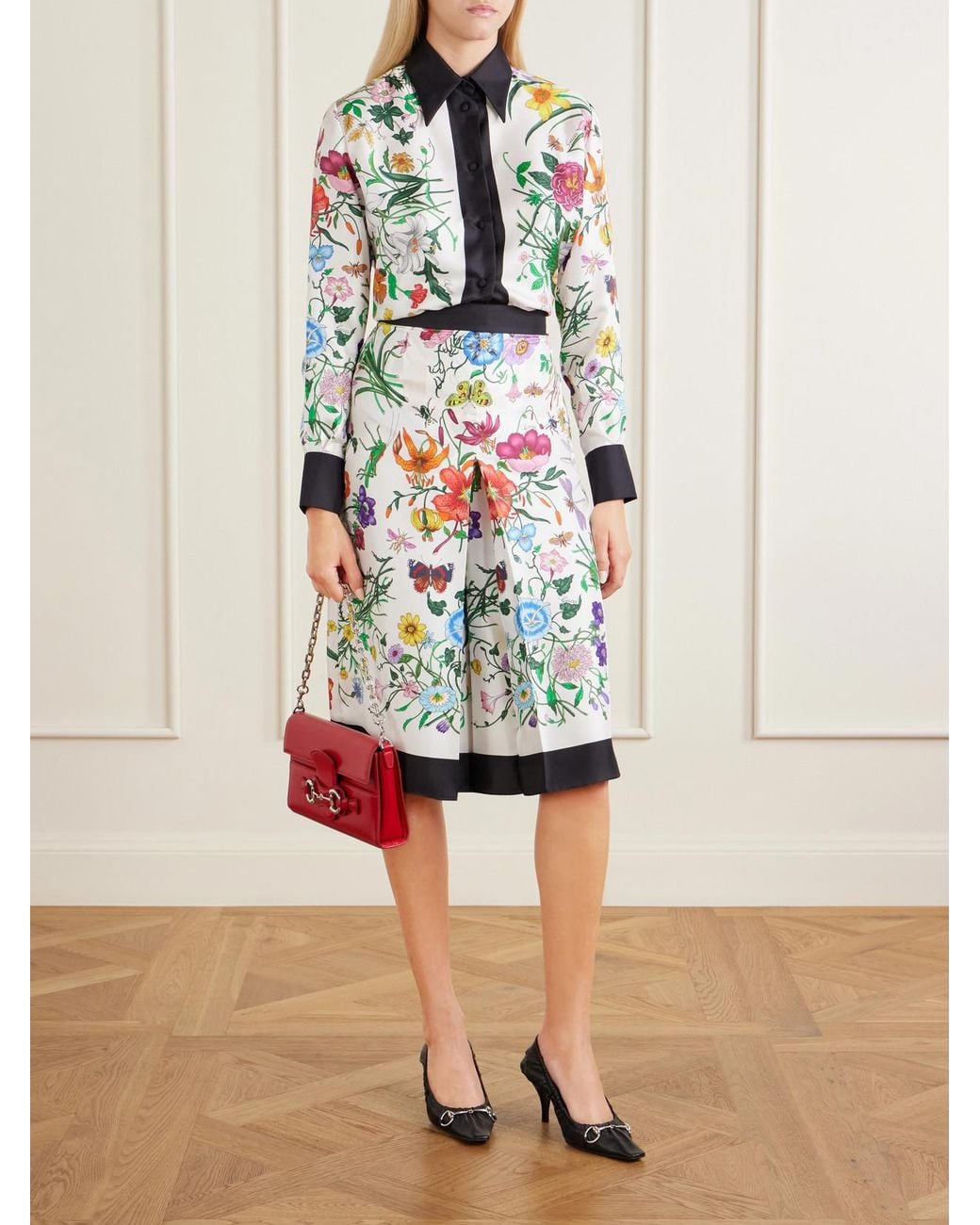 Gucci White Floral Place Printed Silk-Twill Blouse
