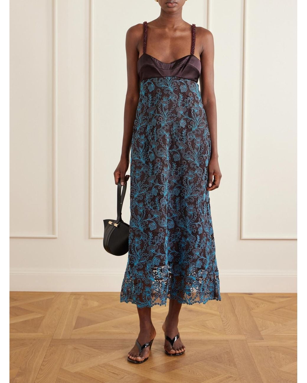 ALÉMAIS Blue Francine Bead-Embellished Satin-Trimmed Guipure Lace Midi Dress