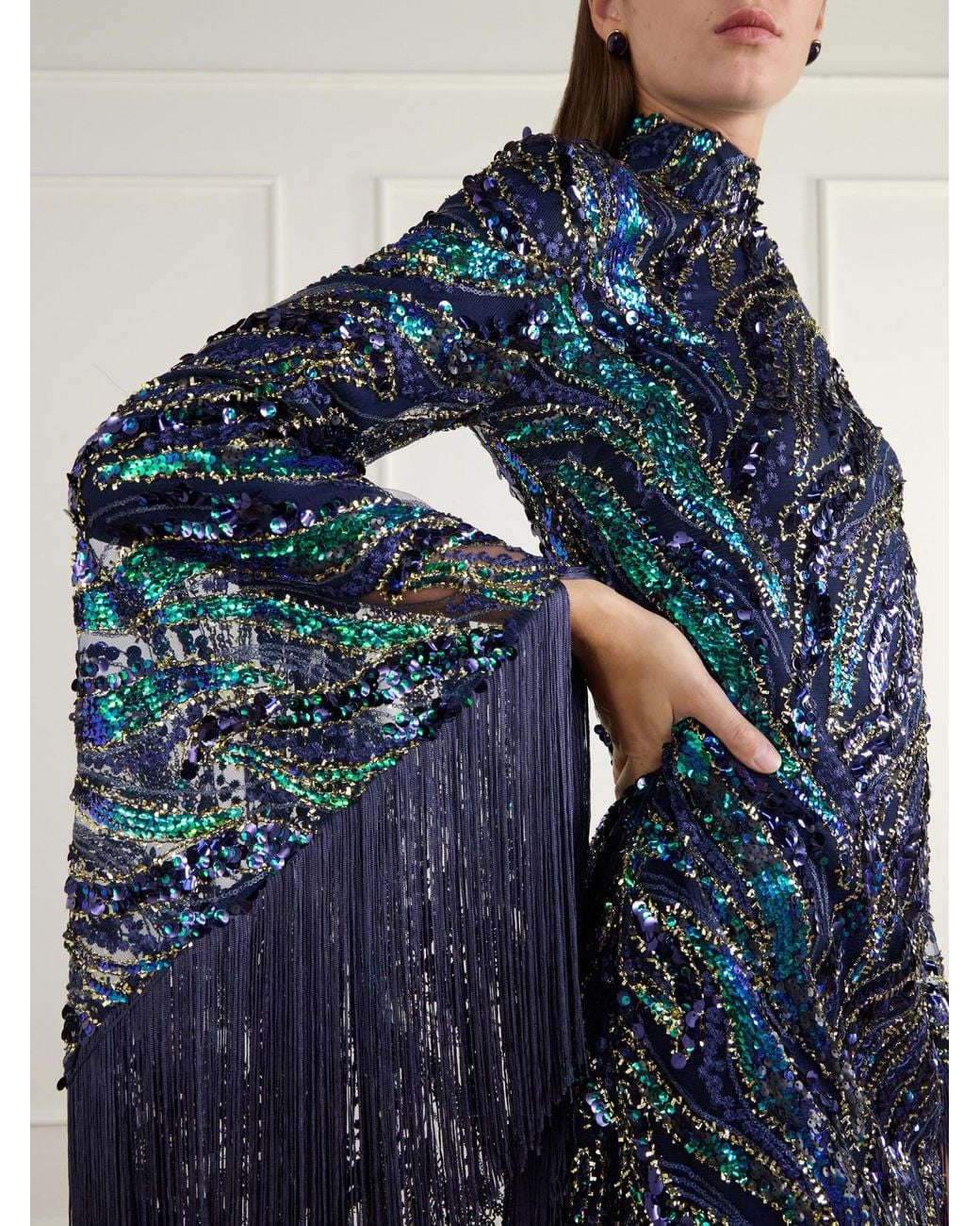 Taller Marmo Blue Disco Dragon Sequin-Embellished Fringe-Trimmed Mesh Mini Dress