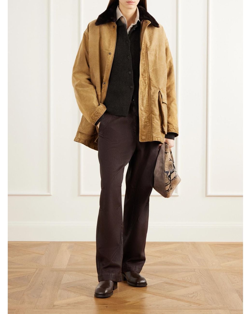 Auralee Natural Garment-Dyed Padded Shearling-Trimmed Cotton-Moleskin Jacket