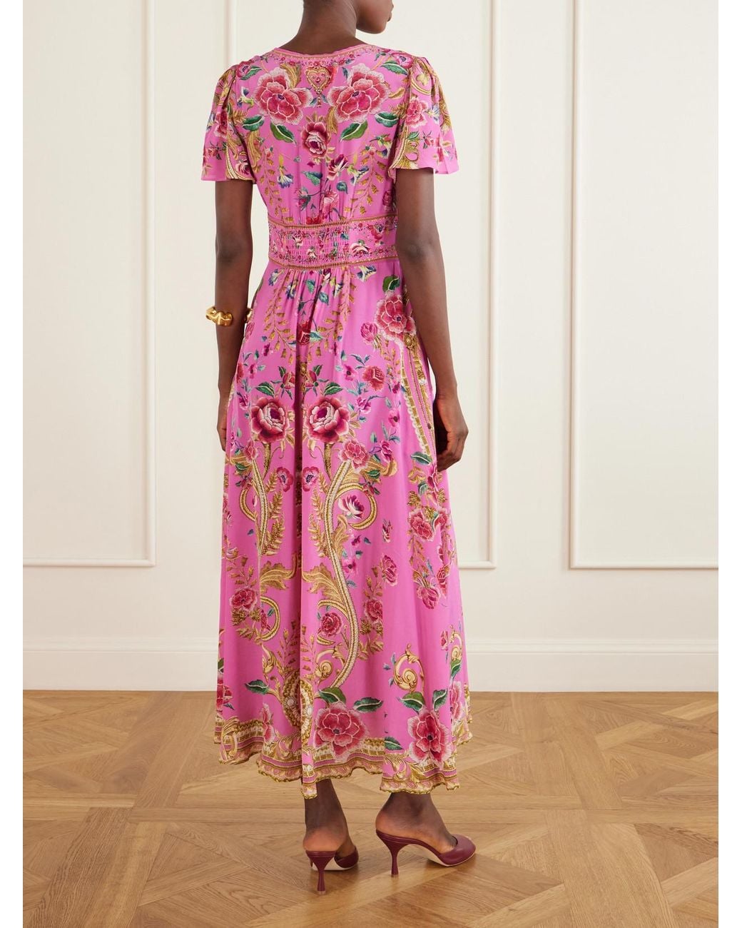 Camilla Pink Embroidered Printed Silk Maxi Dress