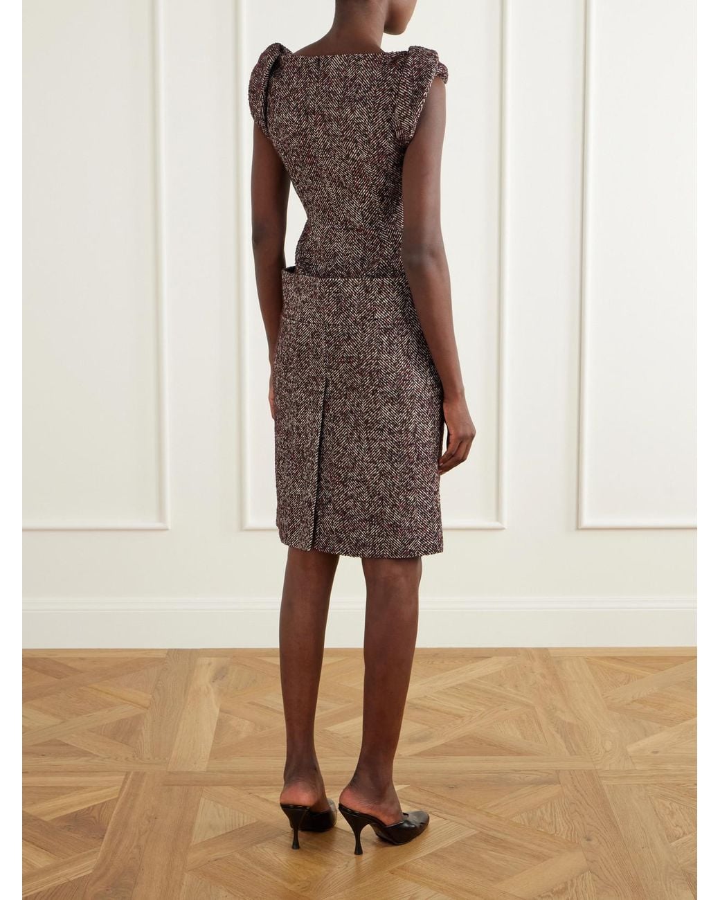 ShuShu/Tong Brown Bow-Detailed Wool-Blend Herringbone Midi Dress