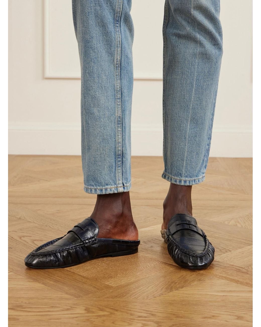 Saint Laurent Black Le Loafer Cassandre-Embellished Eel Mules