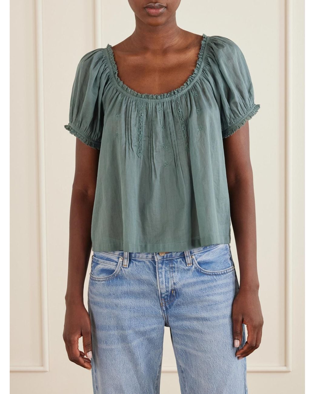 Doen Blue Frederica Lace-Trimmed Organic Cotton-Voile Blouse