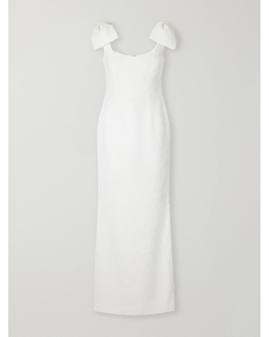 Rebecca Vallance White Mariee Bow-Detailed Embroidered Paneled Crepe Gown