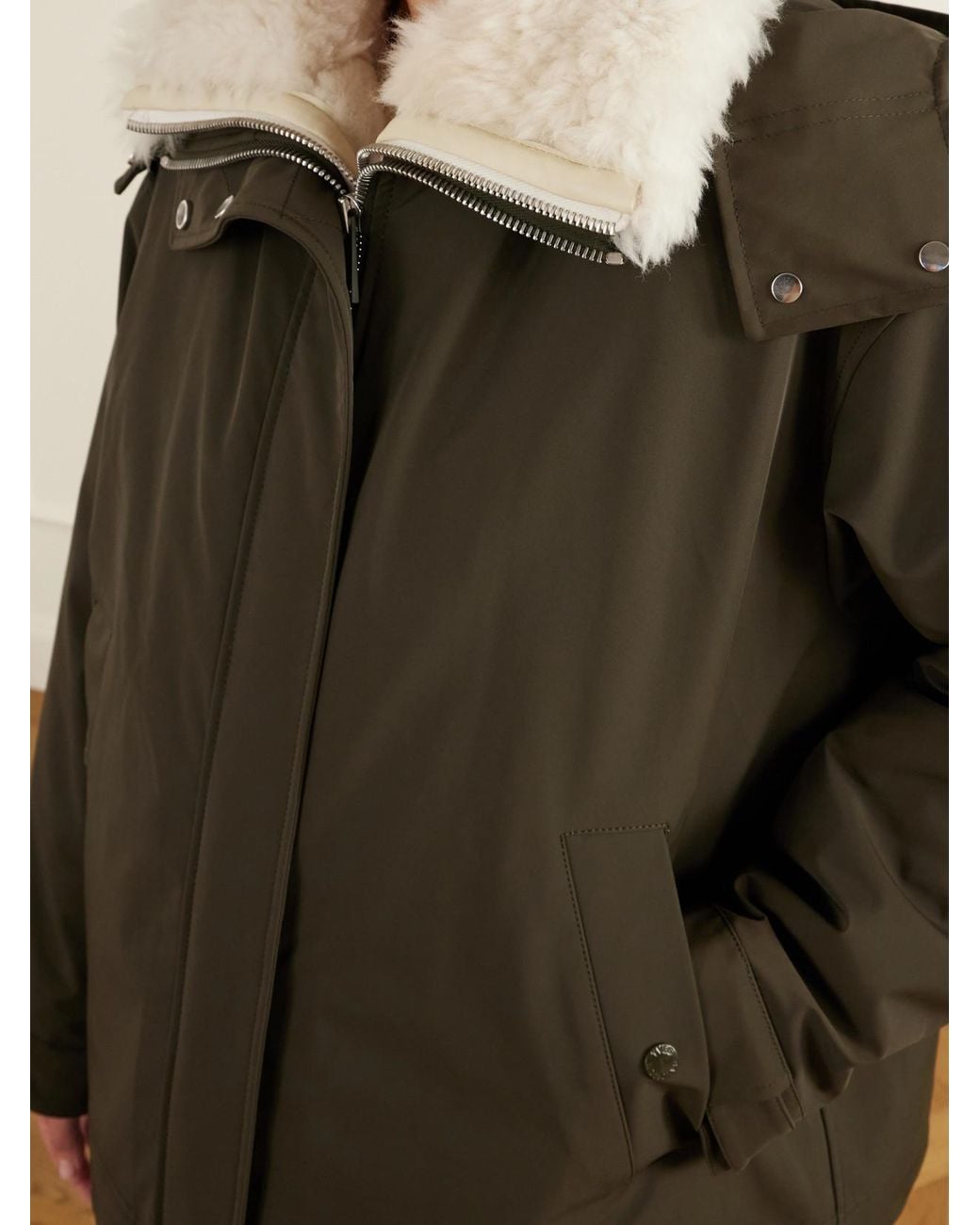 Yves Salomon Green Hooded Padded Shearling-Trimmed Shell Jacket