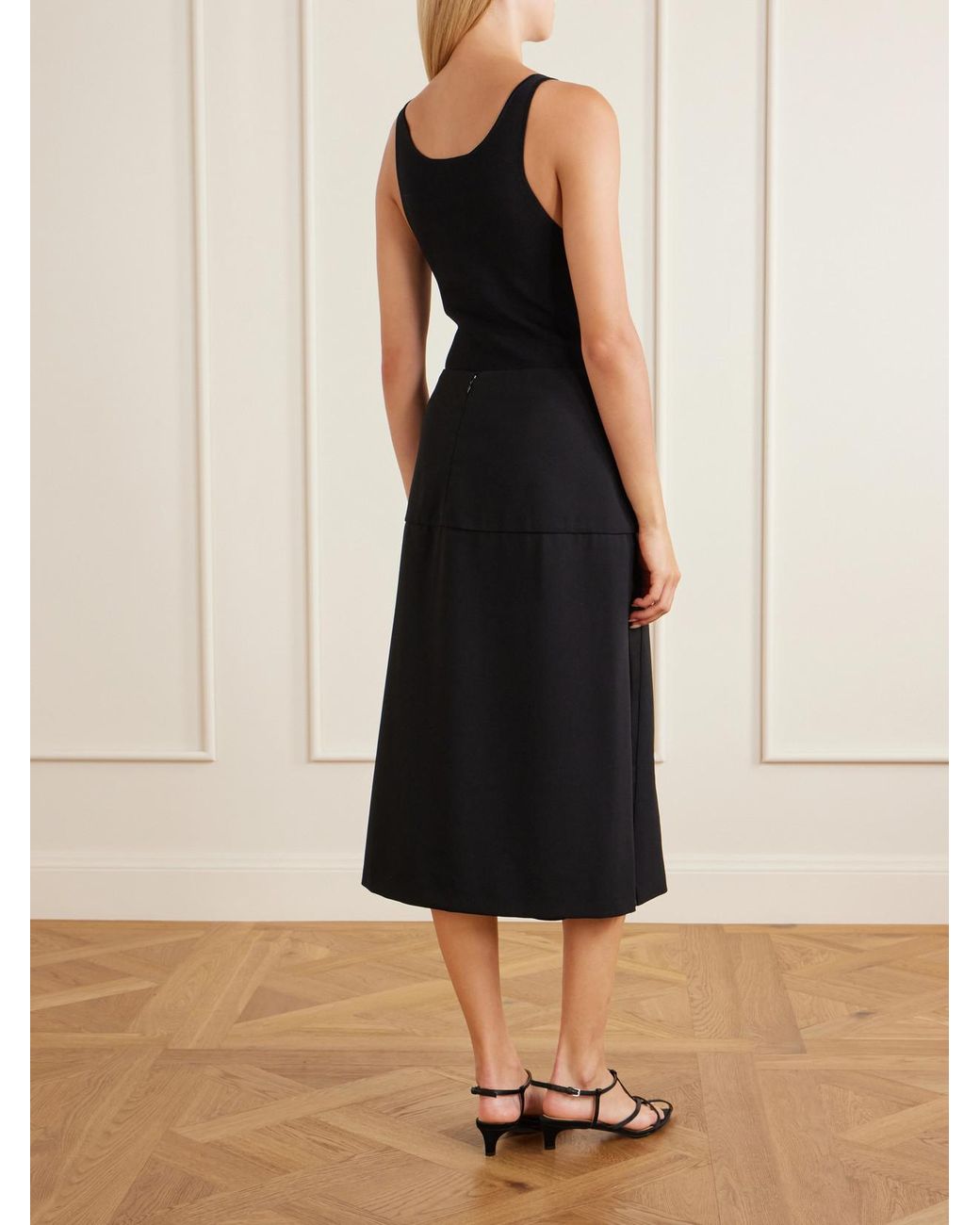 Jil Sander Black Satin-Trimmed Wool Midi Skirt
