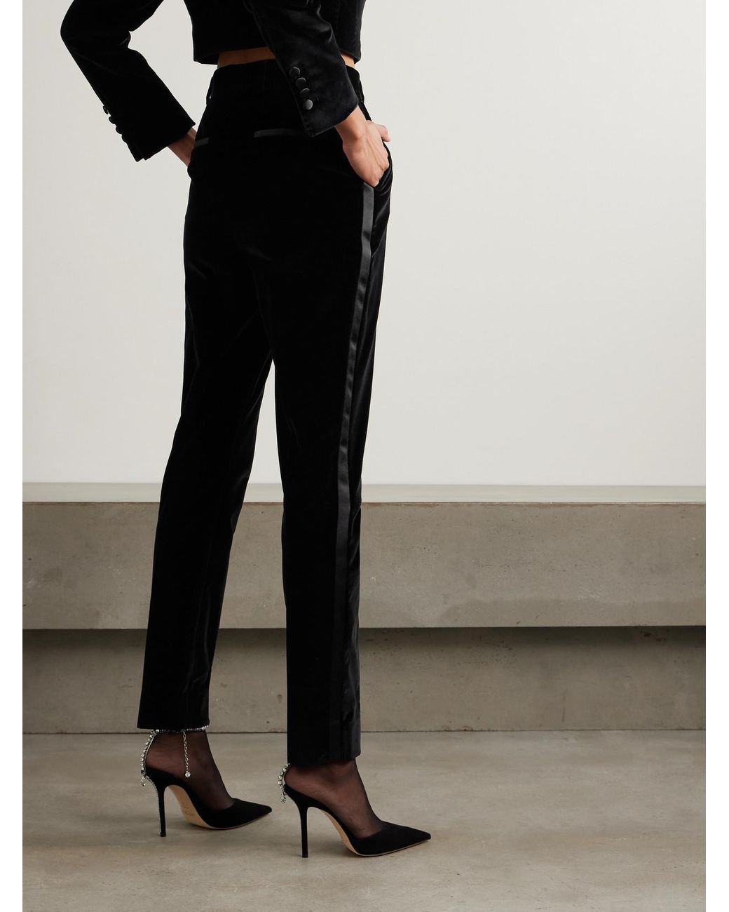 Dolce & Gabbana Black Satin-Trimmed Cotton-Blend Velvet Slim-Leg Pants