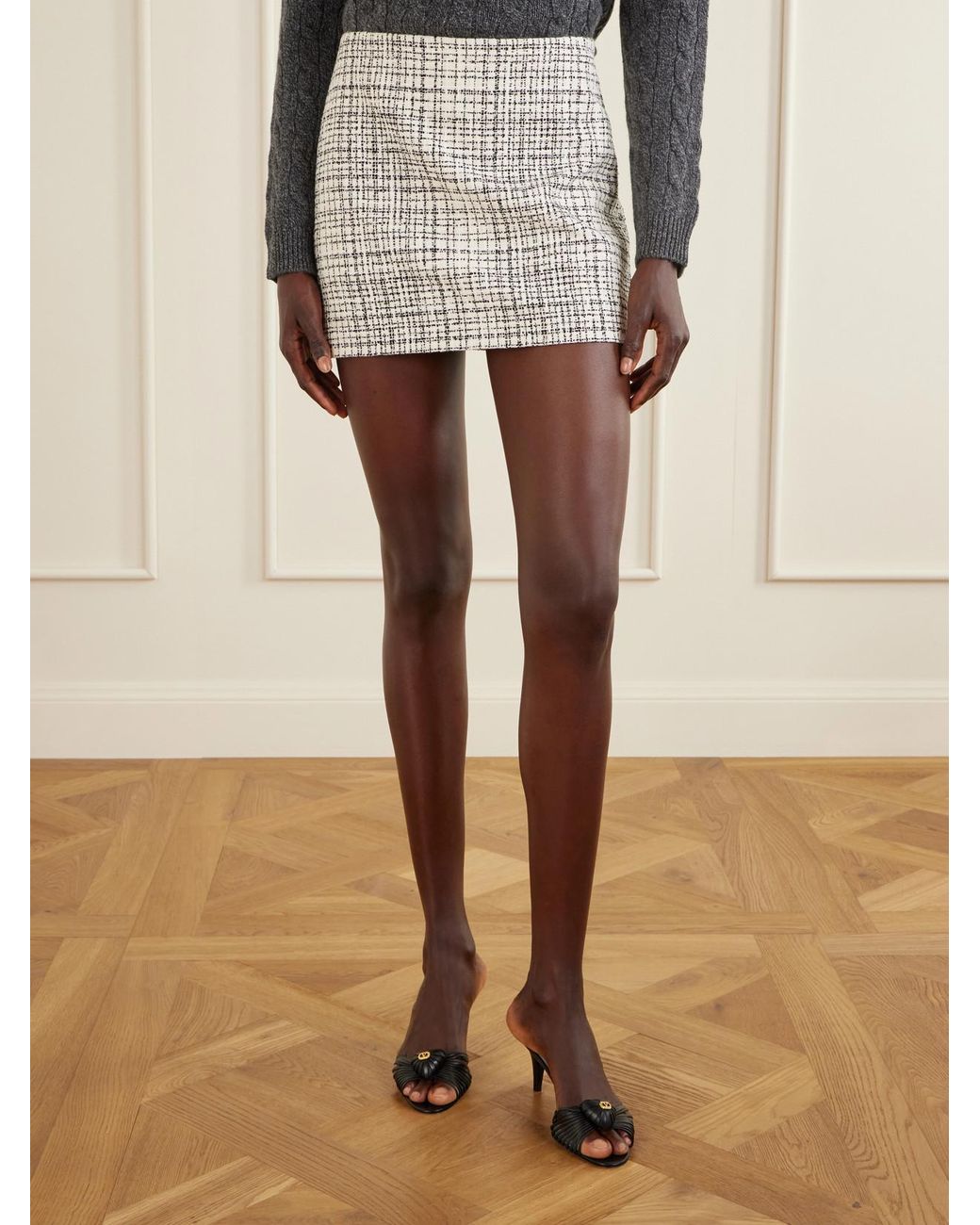 Valentino Garavani White Checked Cotton-Blend Tweed Mini Skirt
