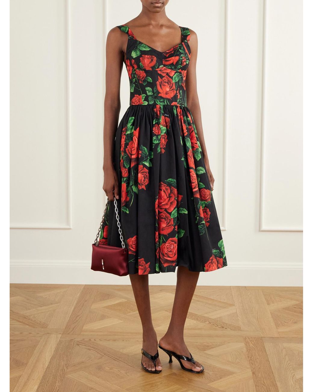 Dolce & Gabbana White Floral-Print Cotton-Poplin Bustier Midi Dress