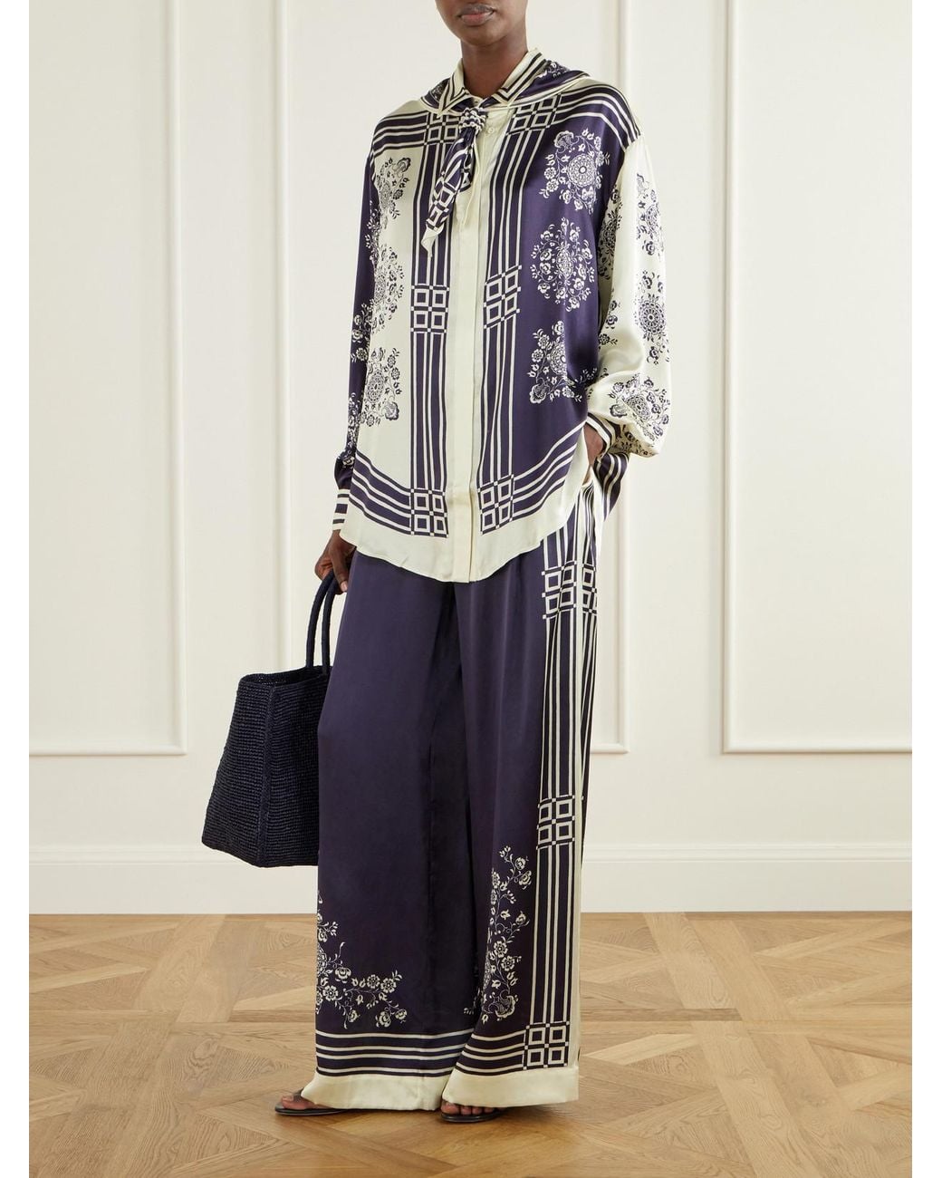 ALÉMAIS Blue Bandera Printed Silk-Satin Wide-Leg Pants
