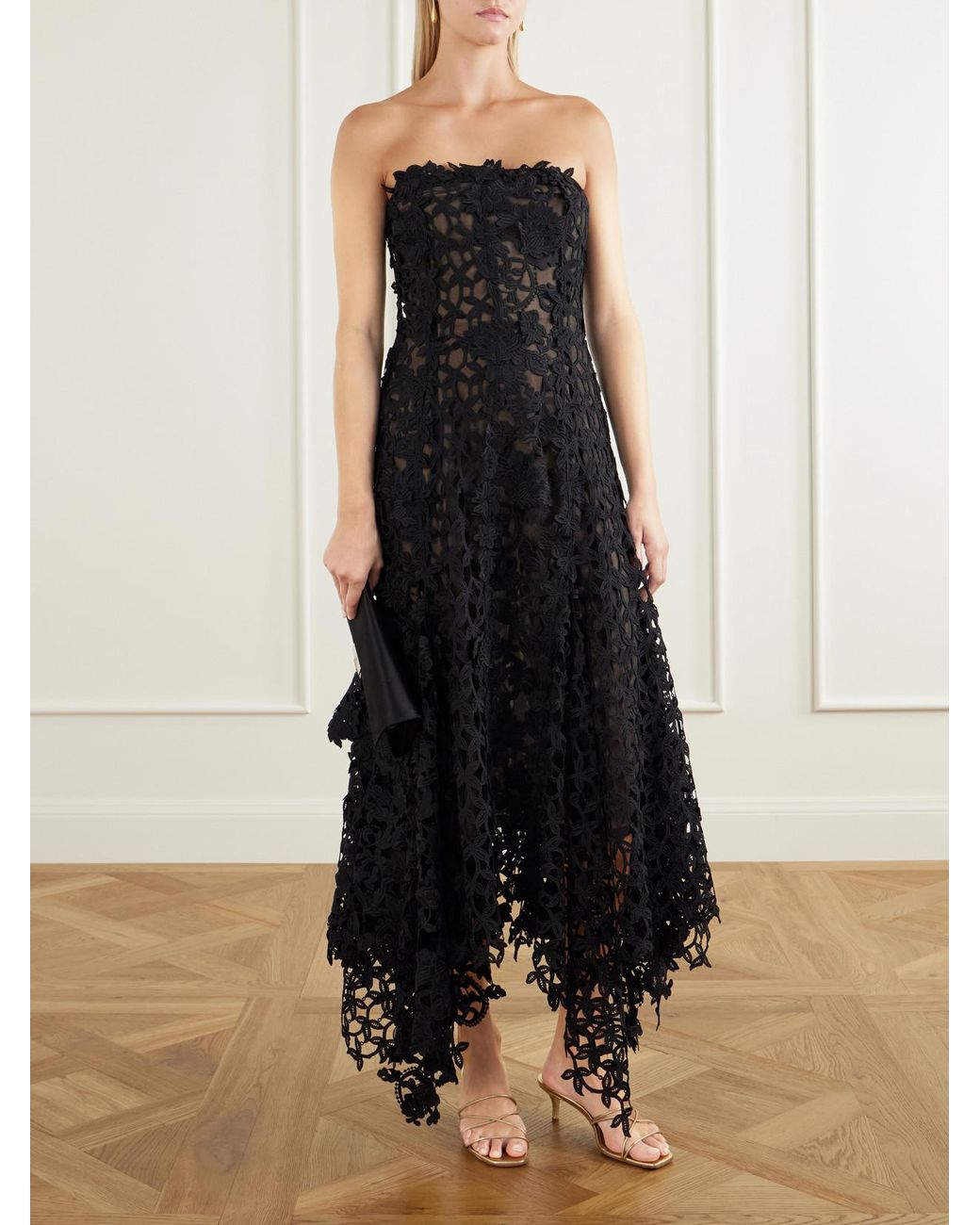 Oscar de la Renta Blue Guipure Lace-Trimmed Mesh Midi Dress