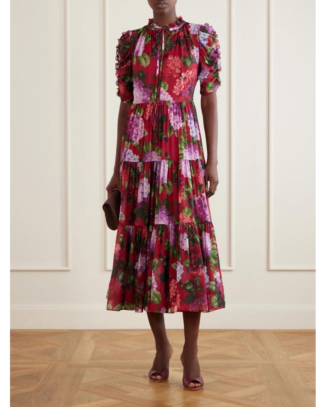 Carolina Herrera Tie-Detailed Ruffled Tiered Floral-Print Silk-Chiffon Midi Dress