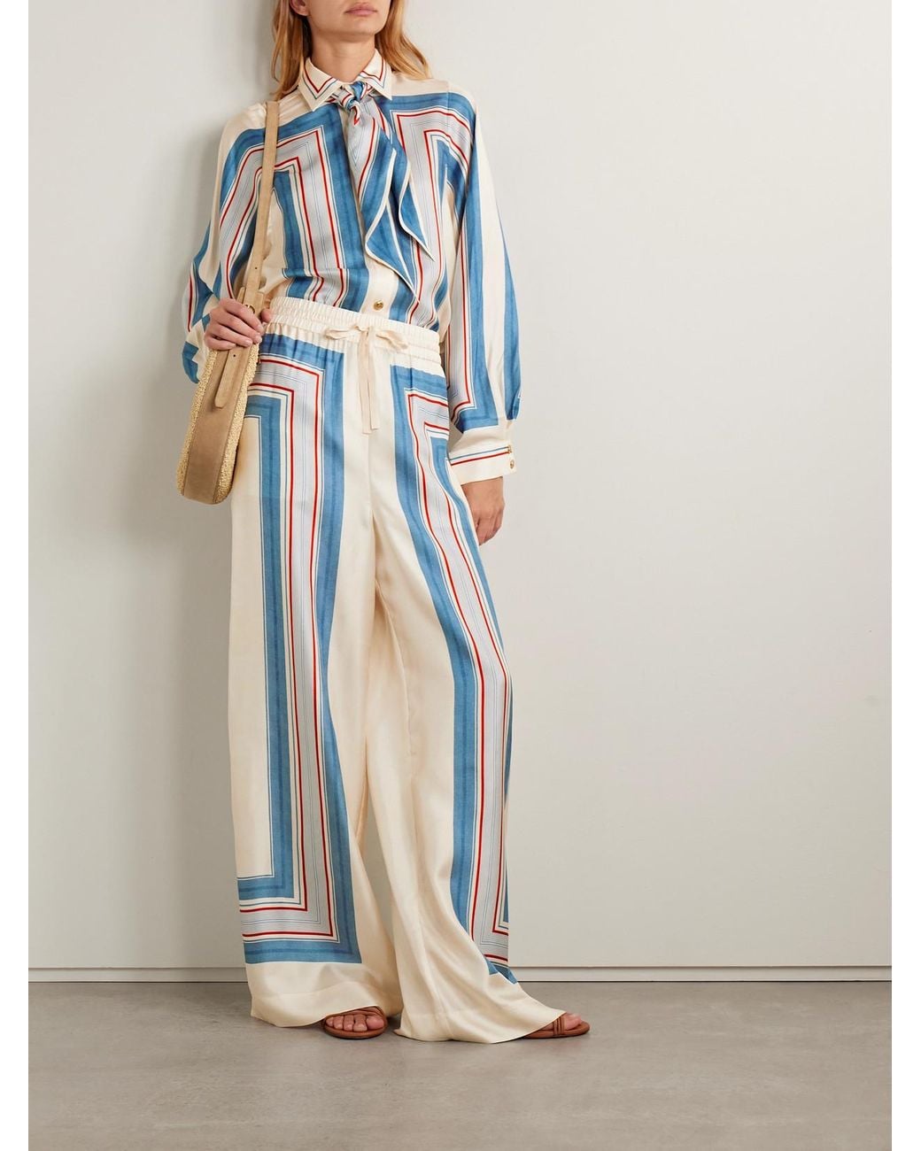 Zimmermann Blue Tie-Neck Striped Silk-Twill Shirt