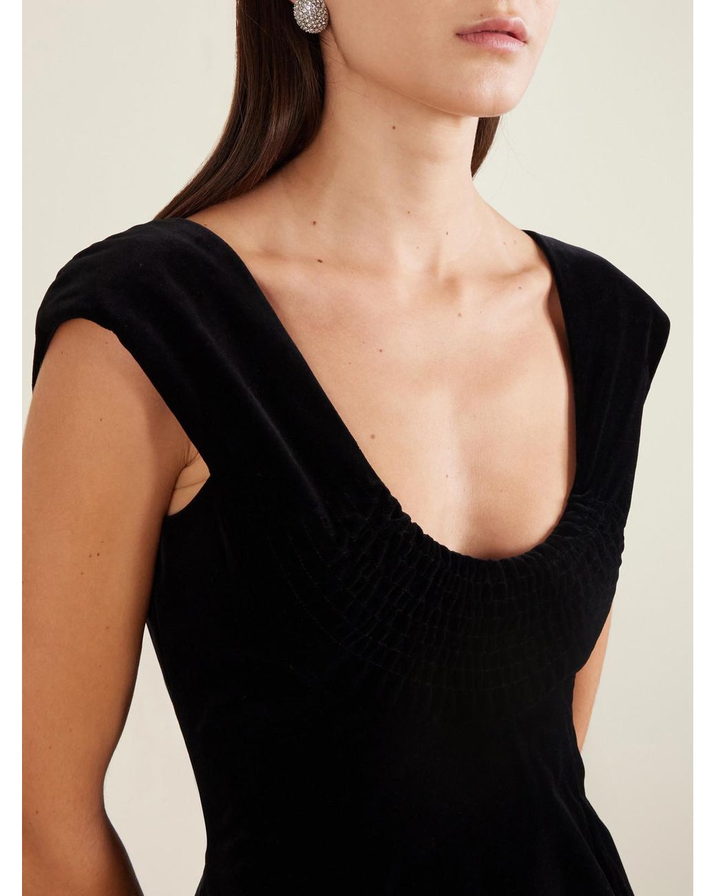 Colleen Allen Black Shirred Cotton-Velvet Gown