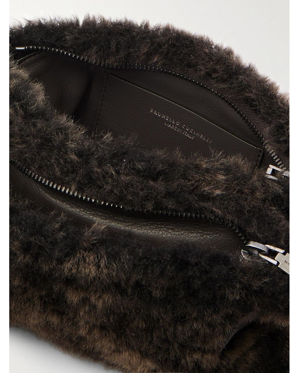 Brunello Cucinelli Black Bead-Embellished Leather-Trimmed Shearling Clutch