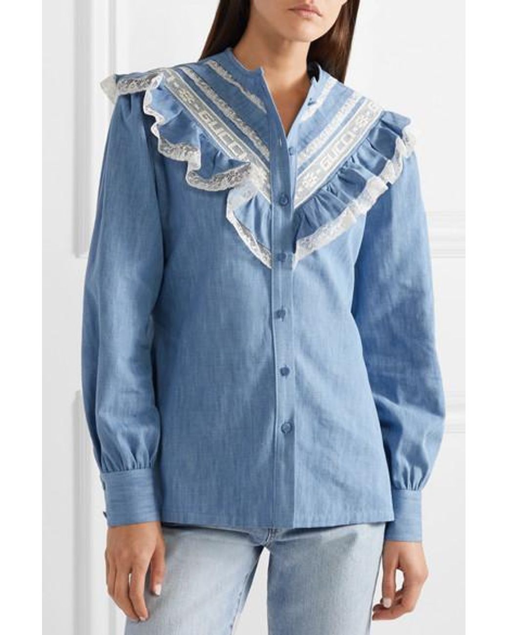 denim ruffle shirt