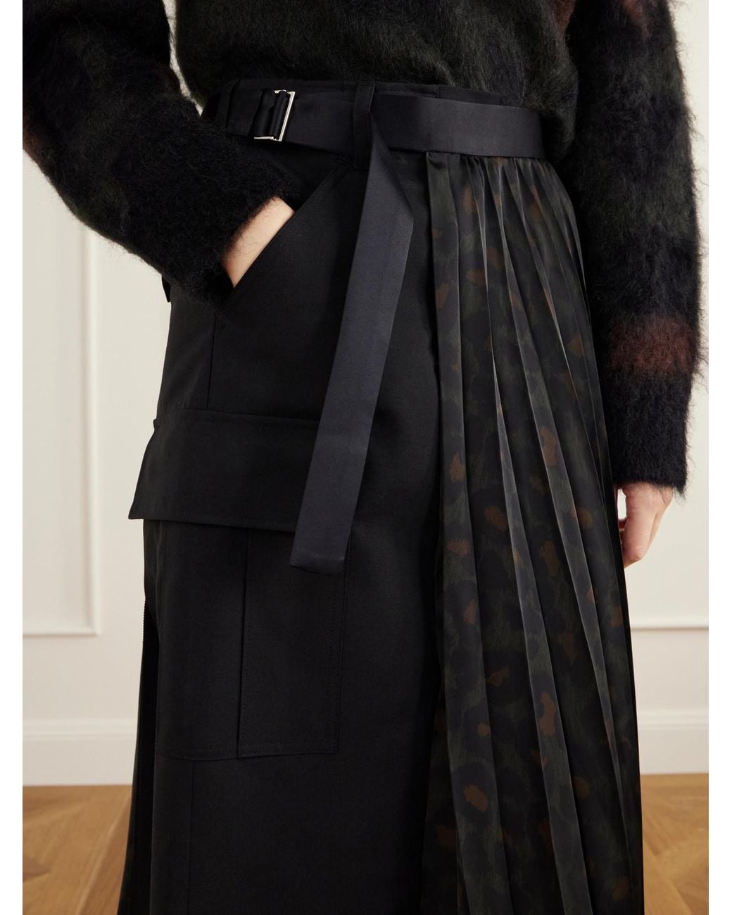 Sacai Black Pleated Leopard-Print Jersey And Satin Midi Skirt