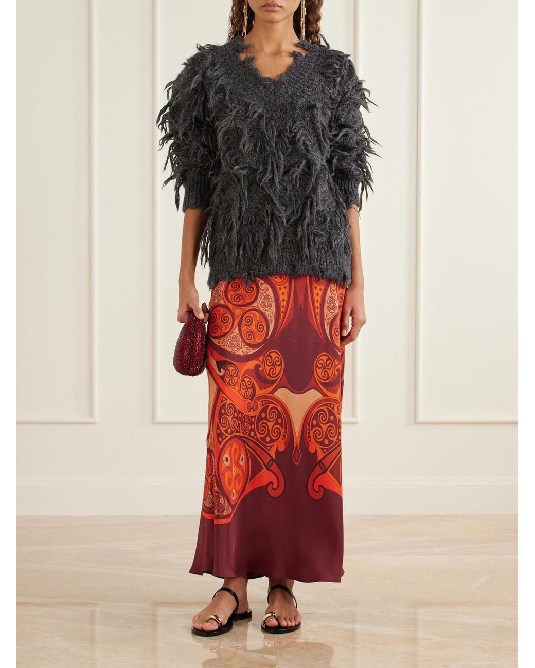 LaDoubleJ Red Sleek Printed Silk-Twill Maxi Skirt