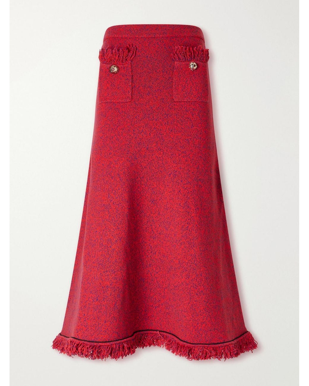 Self-Portrait Red Frayed Bouclé-Knit Midi Skirt