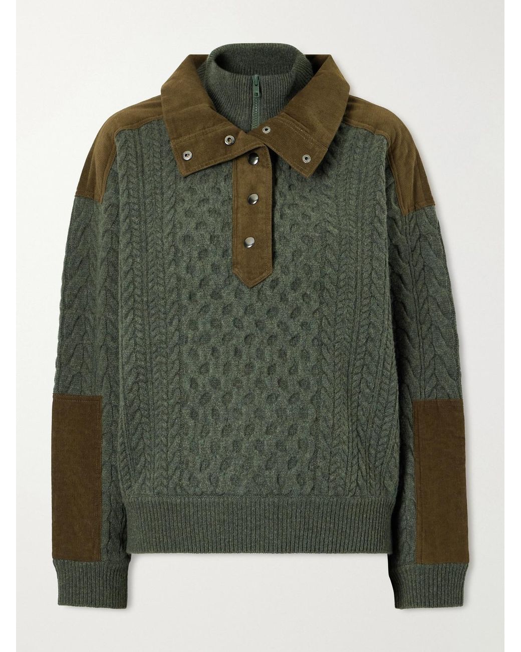 Sea Green Allen Cotton Corduroy-Trimmed Cable-Knit Wool Sweater