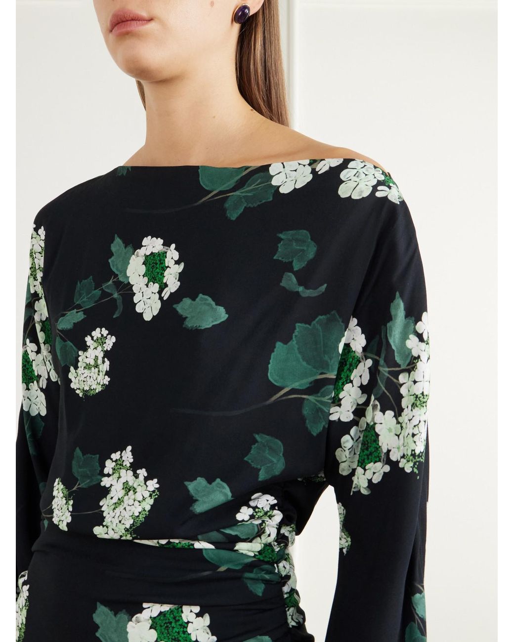 BERNADETTE Black Ezra Floral-Print Ruched Crepe Midi Dress