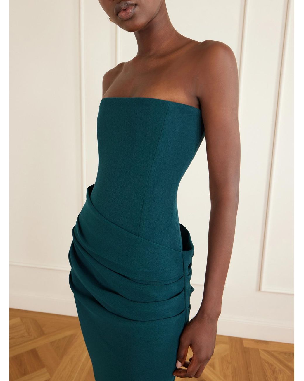 Alex Perry Green Strapless Draped Crepe Midi Dress