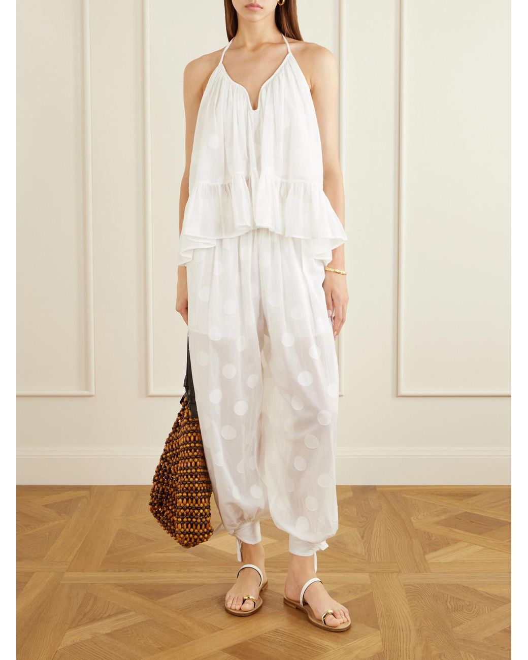 Zimmermann White Solstice Knotted Polka-Dot Cotton-Poplin Balloon Pants