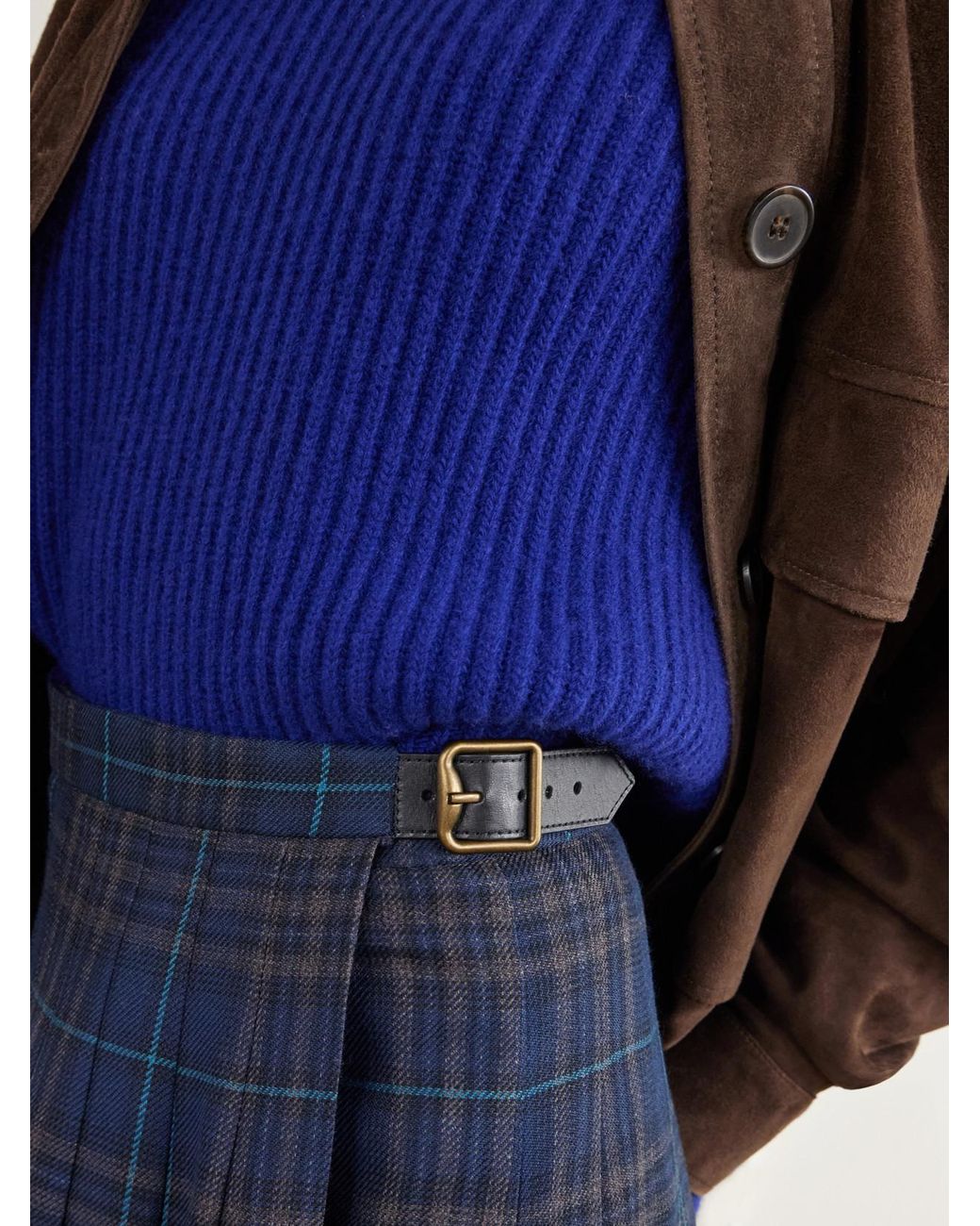 Burberry Blue Elydia Belted Pleated Checked Wool-Blend Twill Midi Skirt