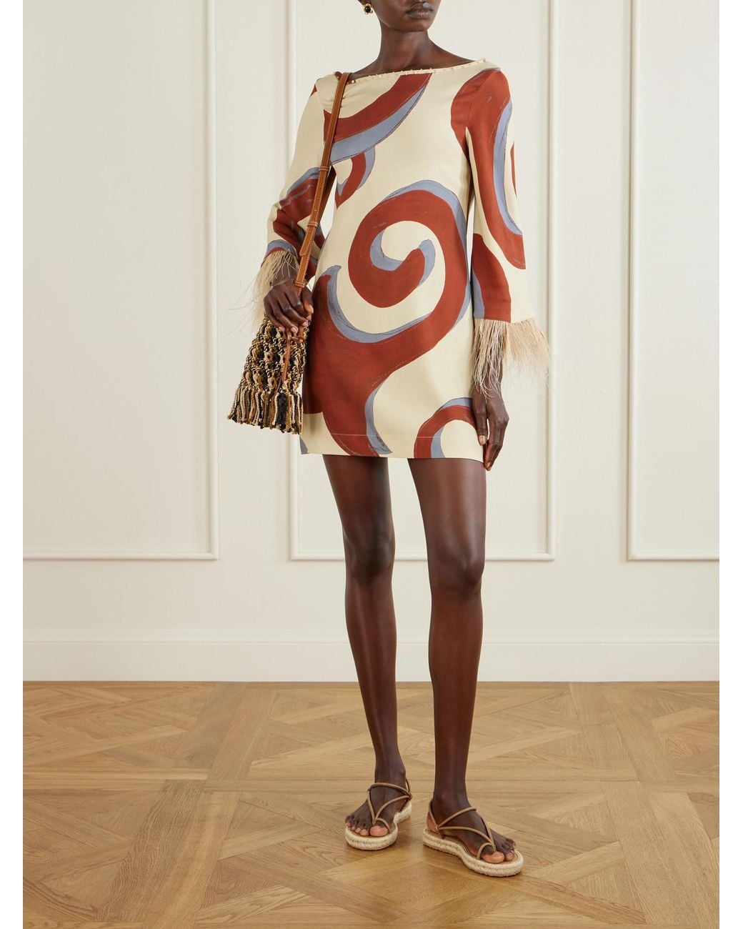 Themis Z Multicolor Kyra Sabra Feather-Trimmed Printed Crepe Mini Dress
