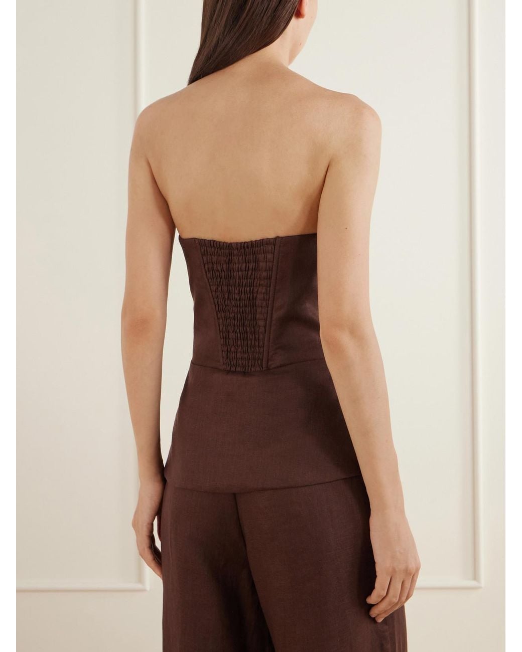 ANDRES OTALORA Brown Nudo Sagrado Strapless Pleated Linen-Woven Top