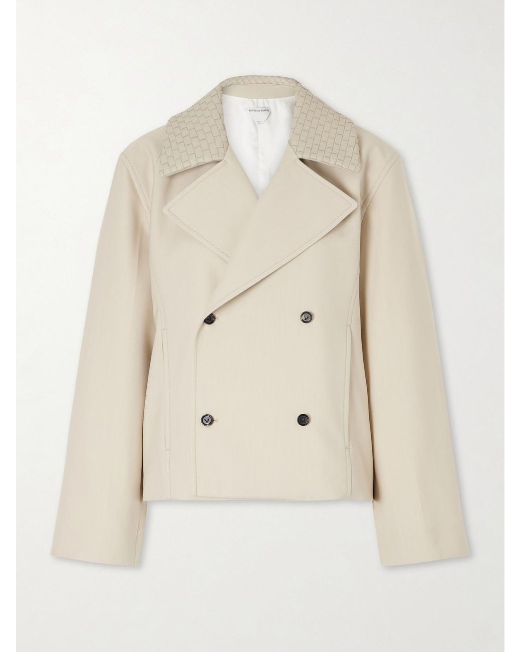 Bottega Veneta Natural Double-Breasted Intrecciato Leather-Trimmed Wool And Cotton-Blend Jacket